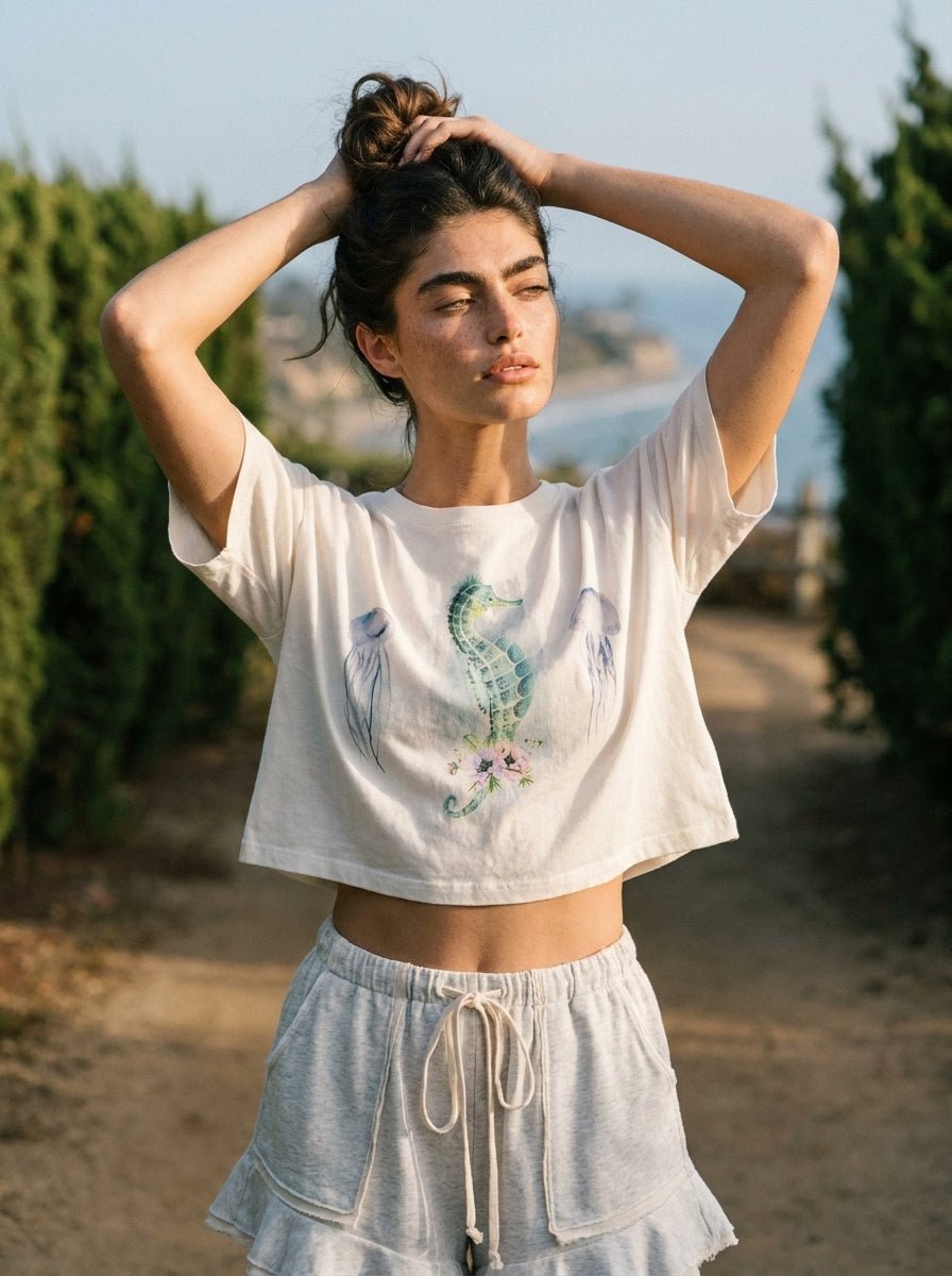 Watercolor Seahorse Cropped Graphic Tee - Westly