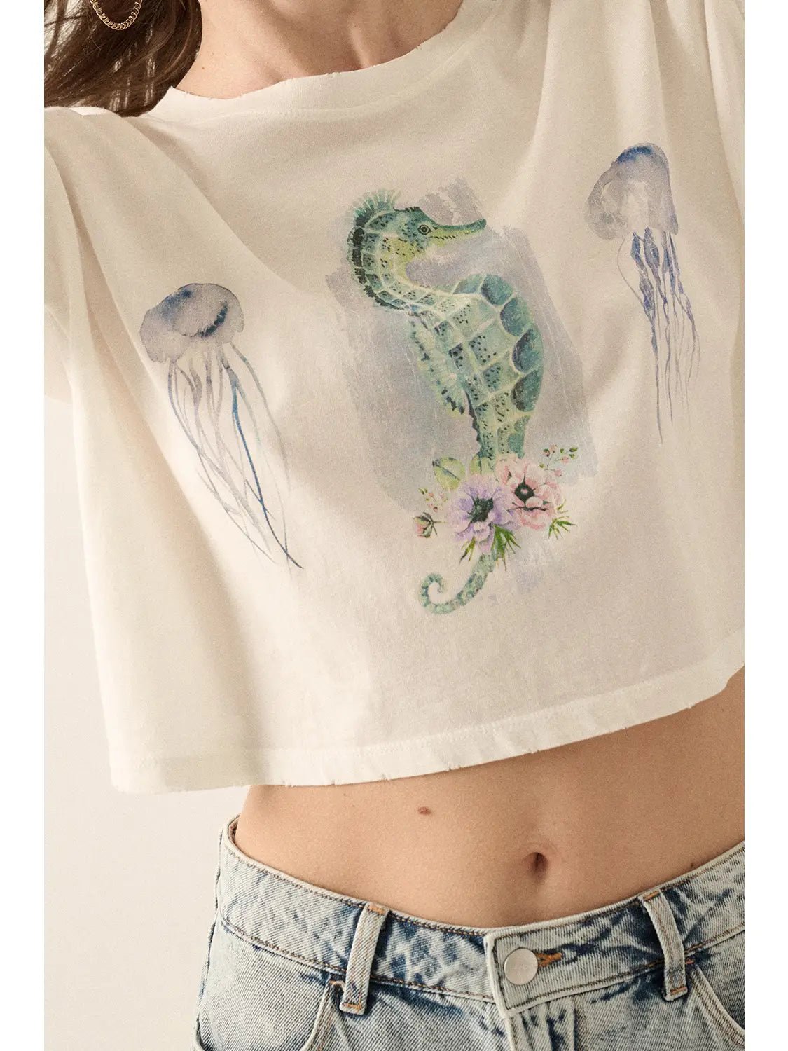 Watercolor Seahorse Cropped Graphic Tee - Westly