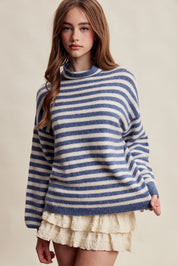 Weslyn Striped Mock Neck Sweater - Blue