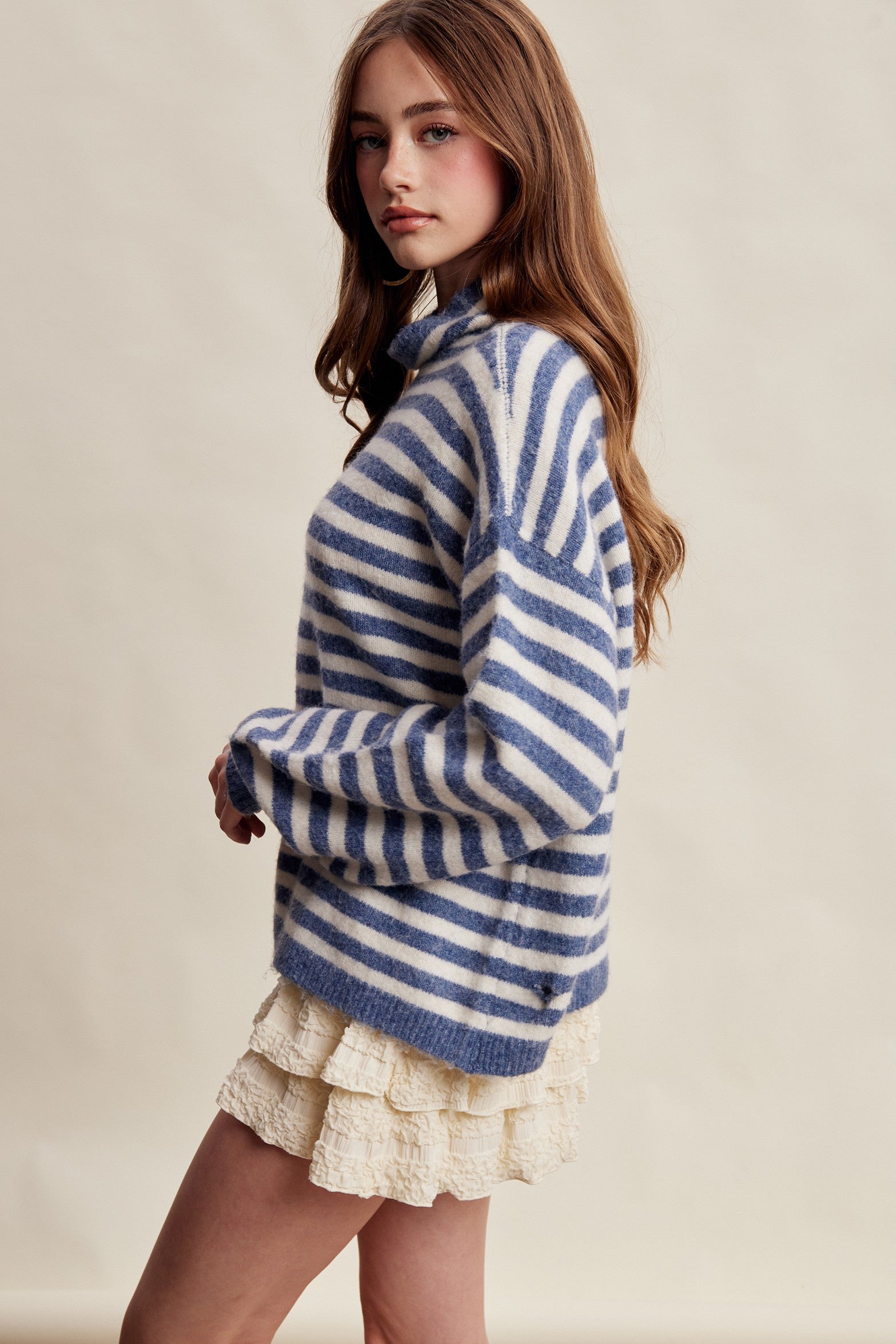 Weslyn Striped Mock Neck Sweater - Blue