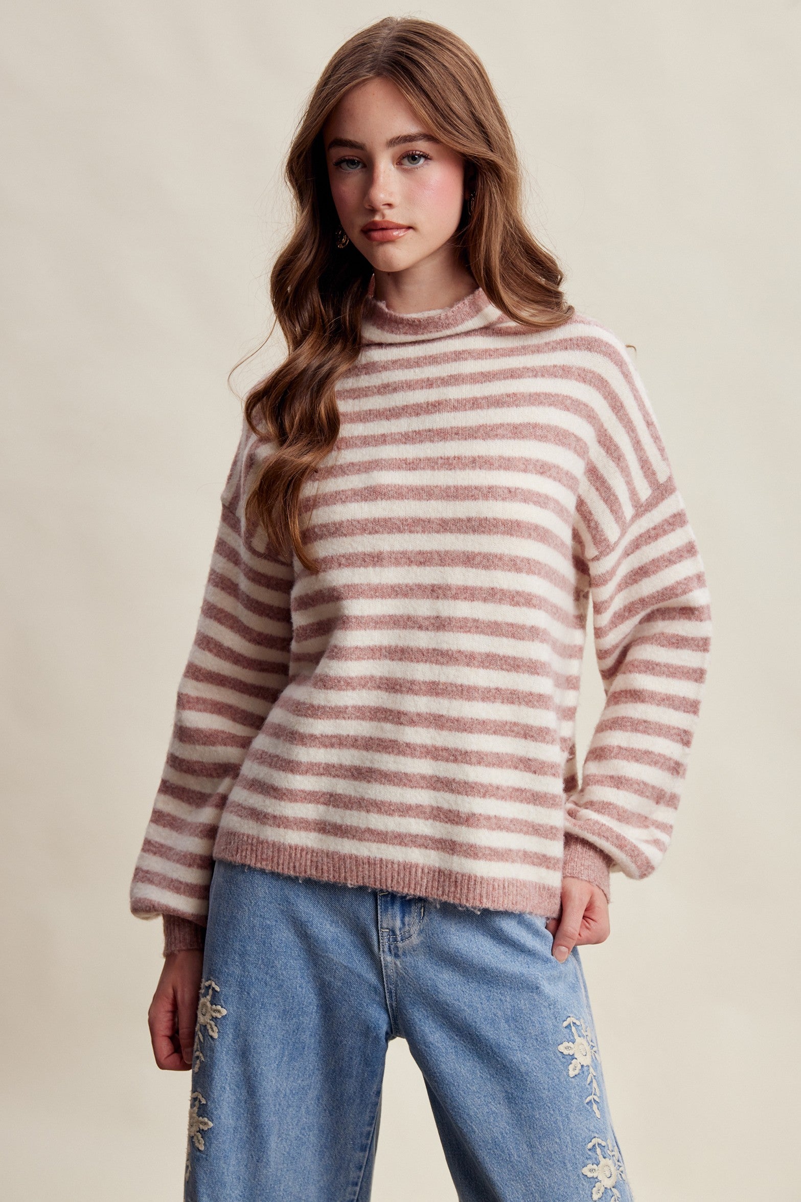 Weslyn Striped Mock Neck Sweater - Blush