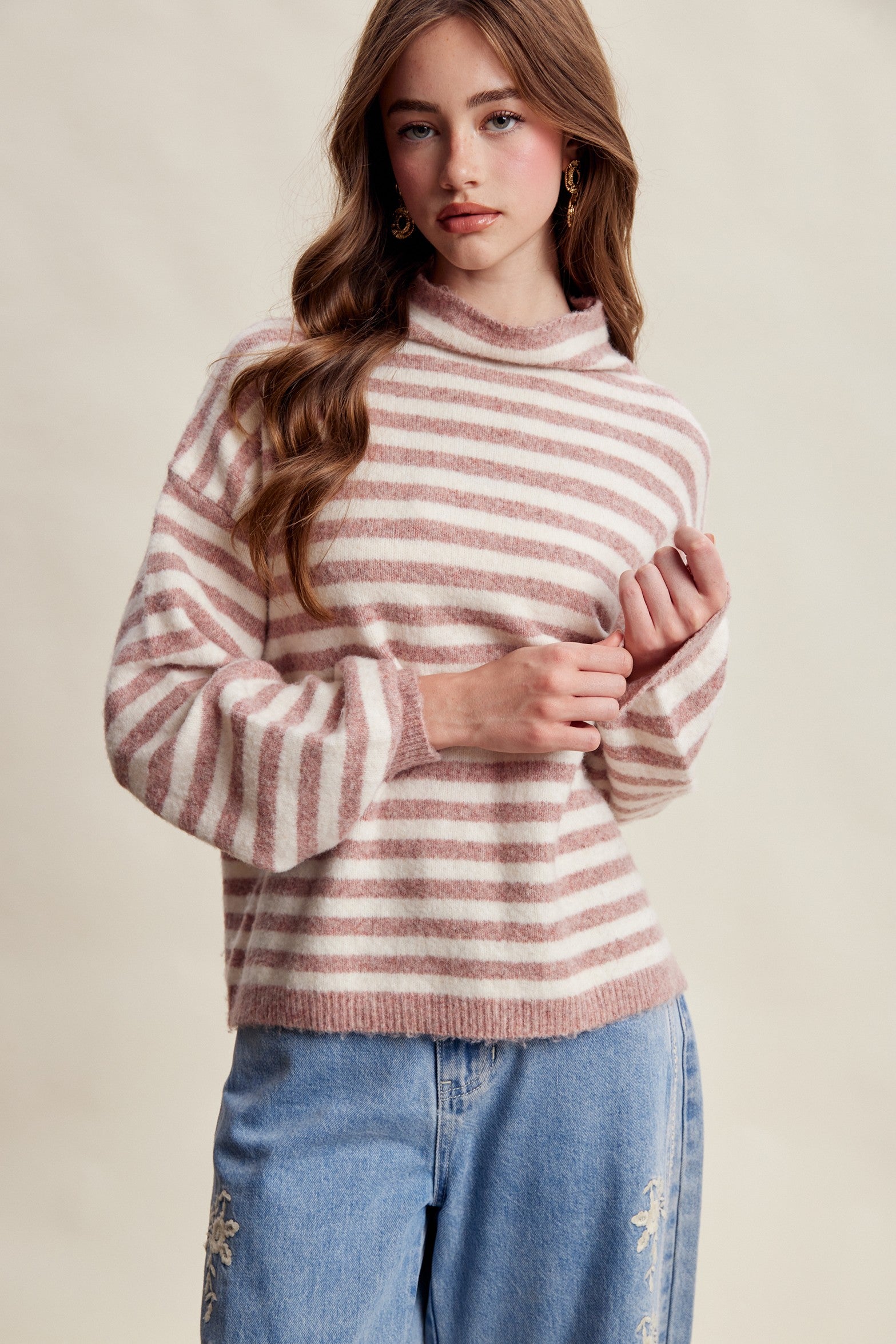 Weslyn Striped Mock Neck Sweater - Blush