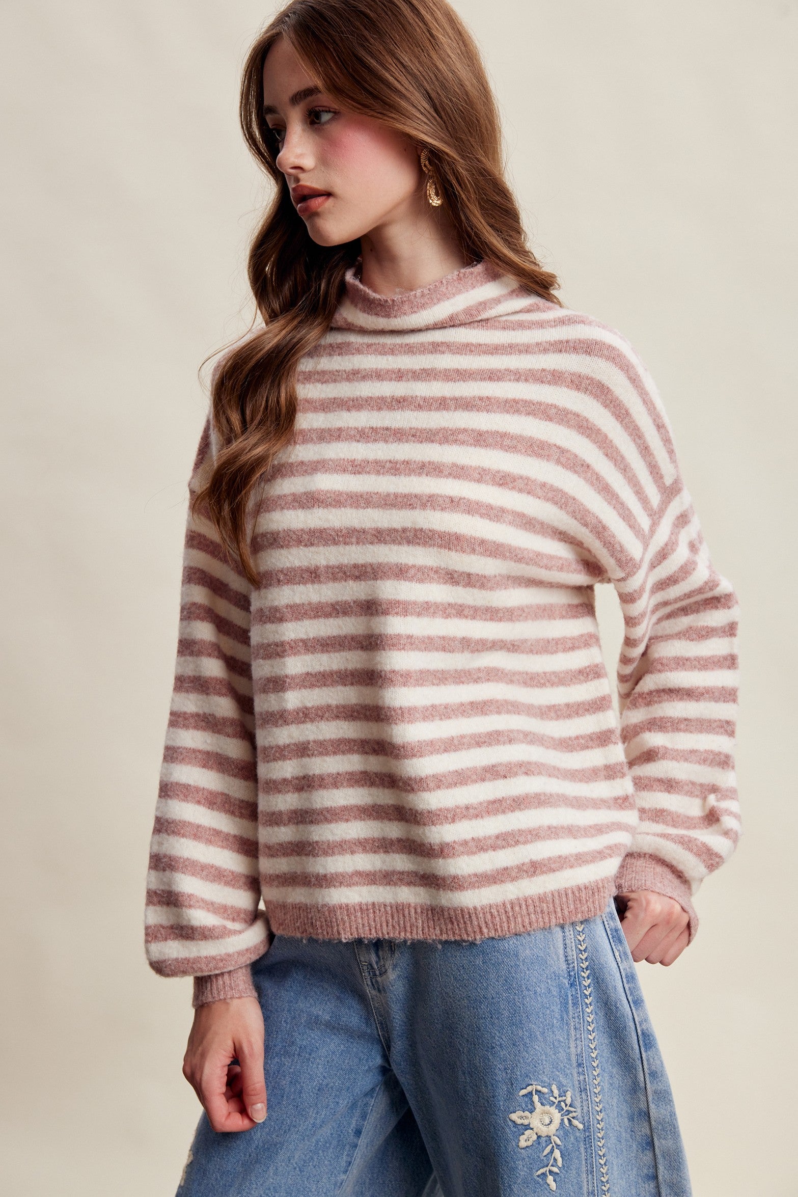 Weslyn Striped Mock Neck Sweater - Blush