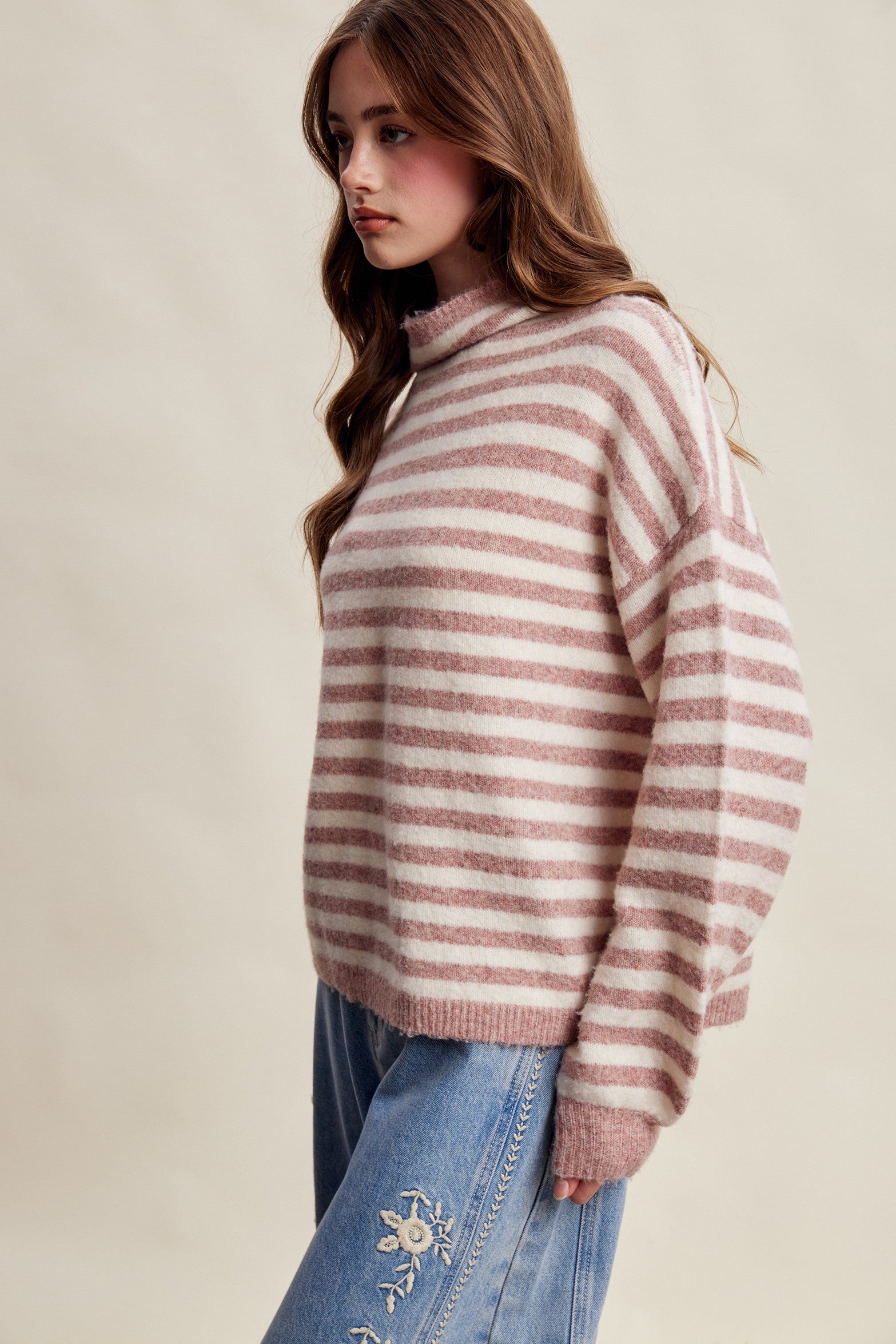 Weslyn Striped Mock Neck Sweater - Blush