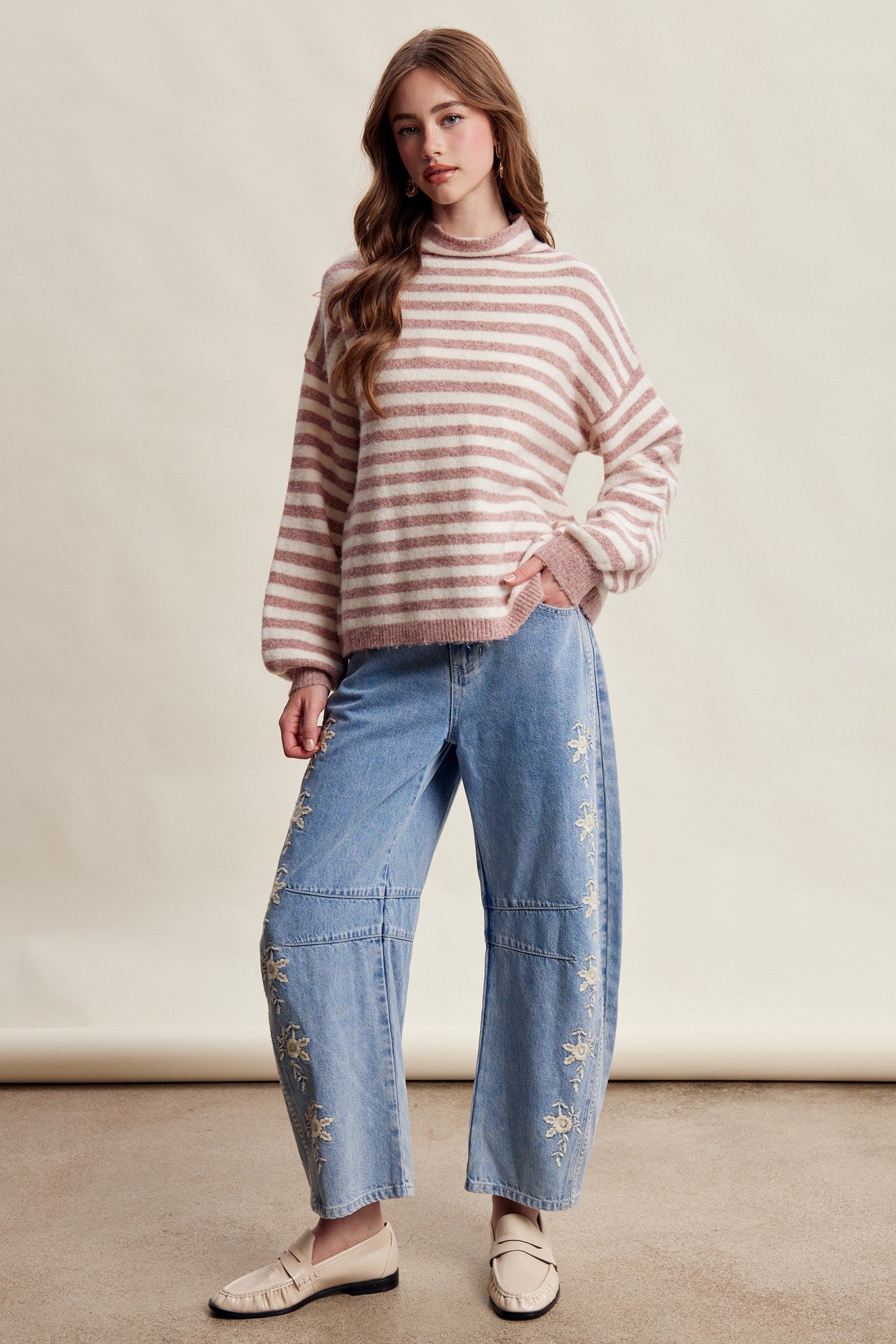 Weslyn Striped Mock Neck Sweater - Blush