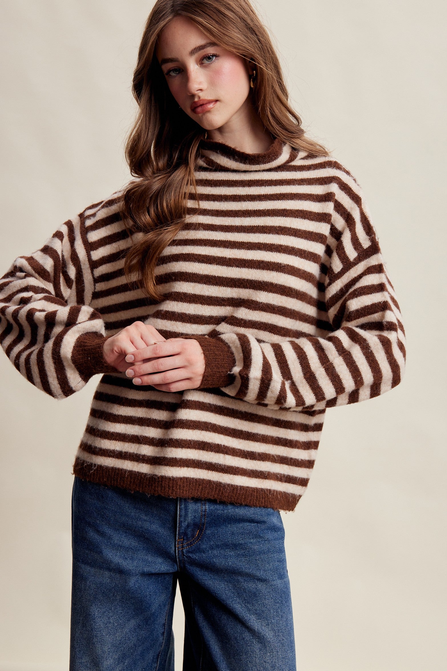 Weslyn Striped Mock Neck Sweater - Mocha