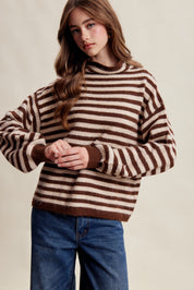 Weslyn Striped Mock Neck Sweater - Mocha
