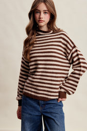 Weslyn Striped Mock Neck Sweater - Mocha