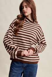 Weslyn Striped Mock Neck Sweater - Mocha