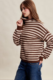 Weslyn Striped Mock Neck Sweater - Mocha