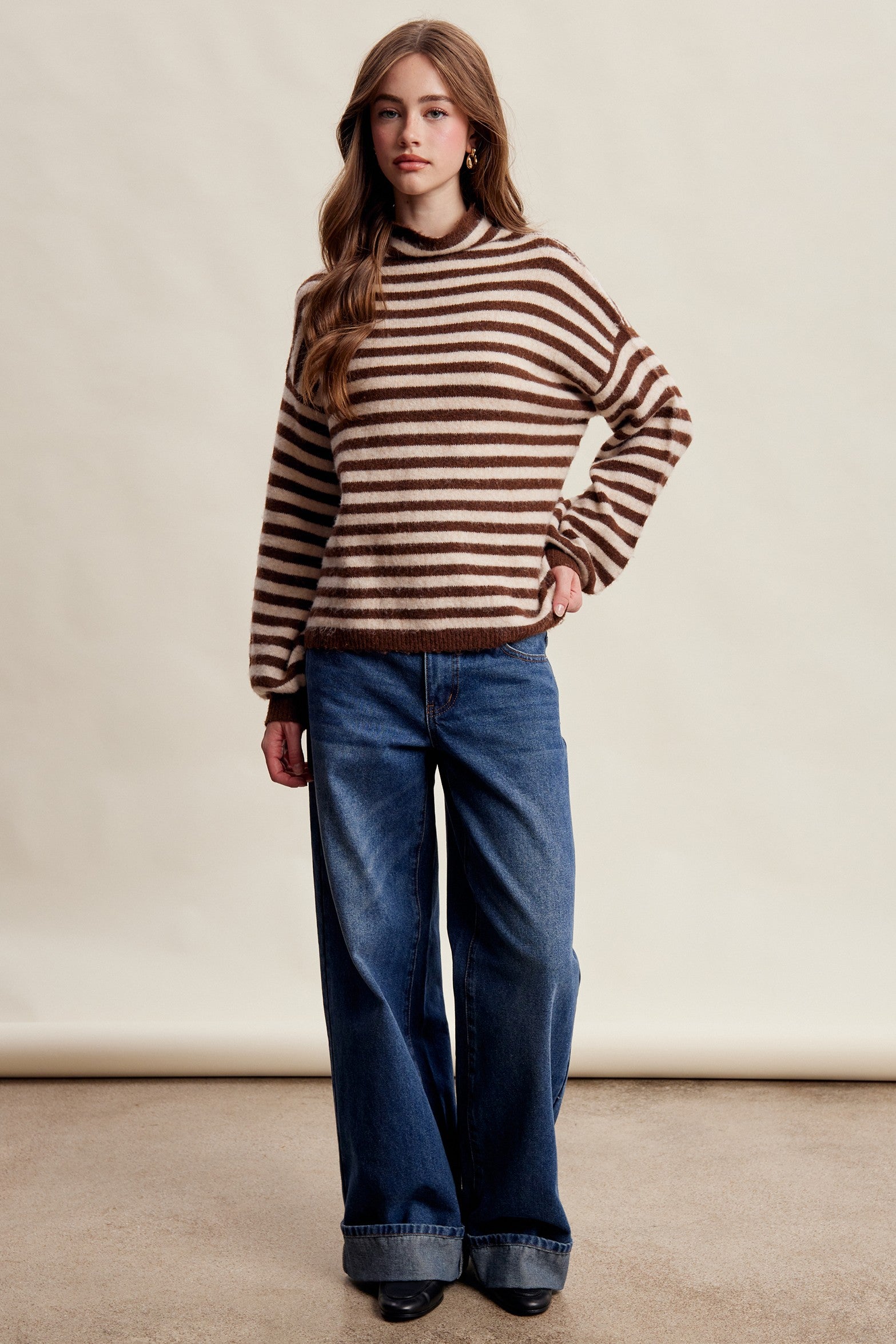 Weslyn Striped Mock Neck Sweater - Mocha
