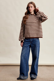 Weslyn Striped Mock Neck Sweater - Mocha