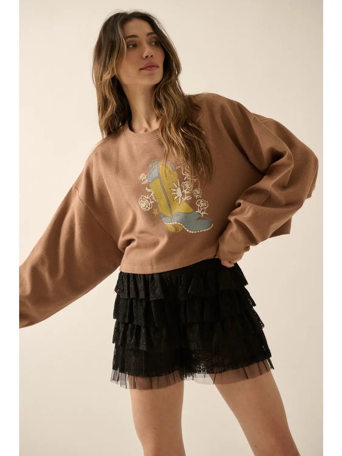 Western Blooms Cropped Thermal Graphic Top - Westly