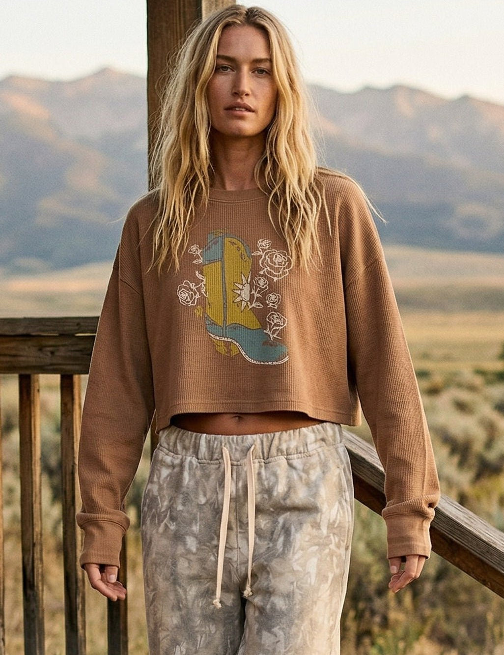 Western Blooms Cropped Thermal Graphic Top - Westly