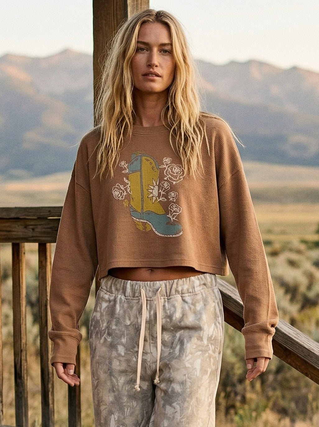 Western Blooms Cropped Thermal Graphic Top - Westly