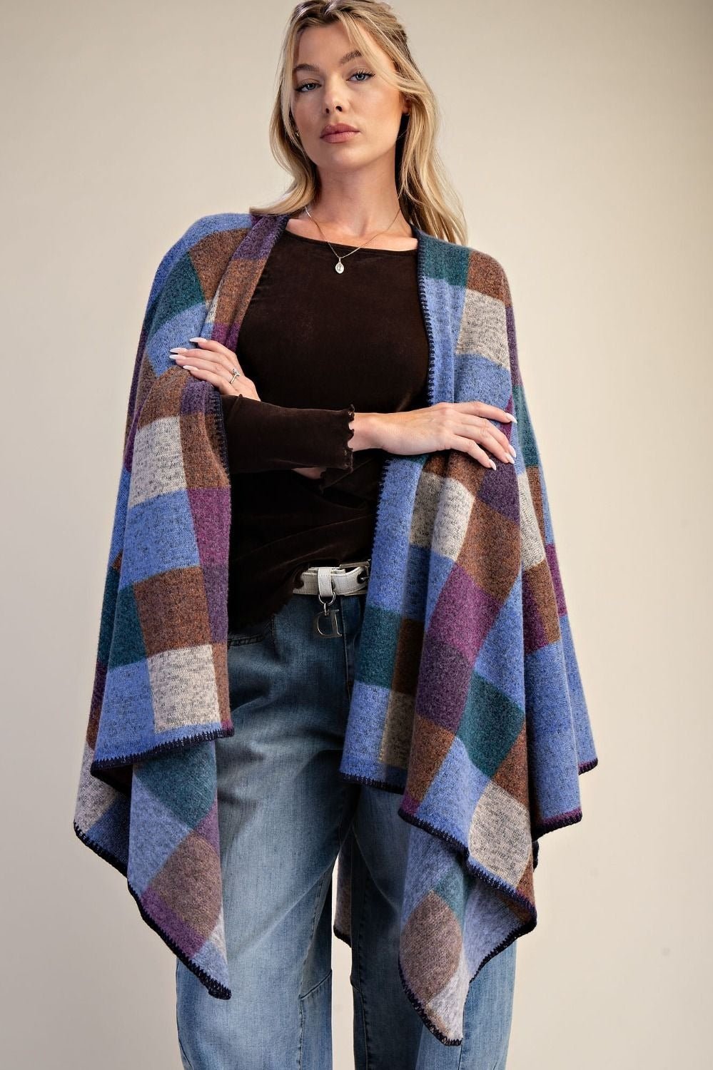 Westward Brushed Hacci Oversized Plaid Cape - Westly