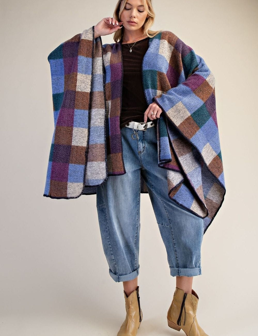 Westward Brushed Hacci Oversized Plaid Cape - Westly