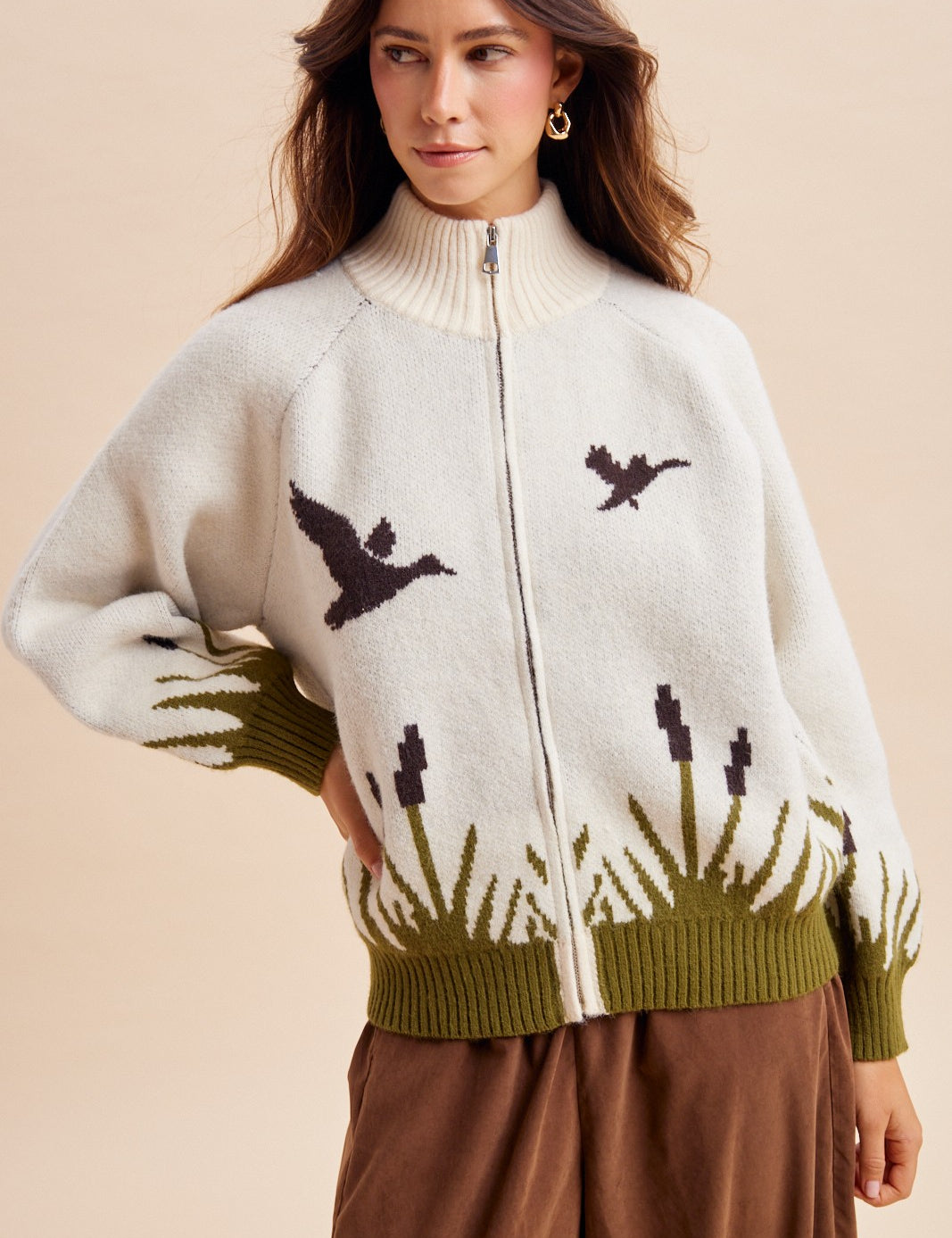 Wetland Scene Mallard Zip Sweater in Cream - product photo 1