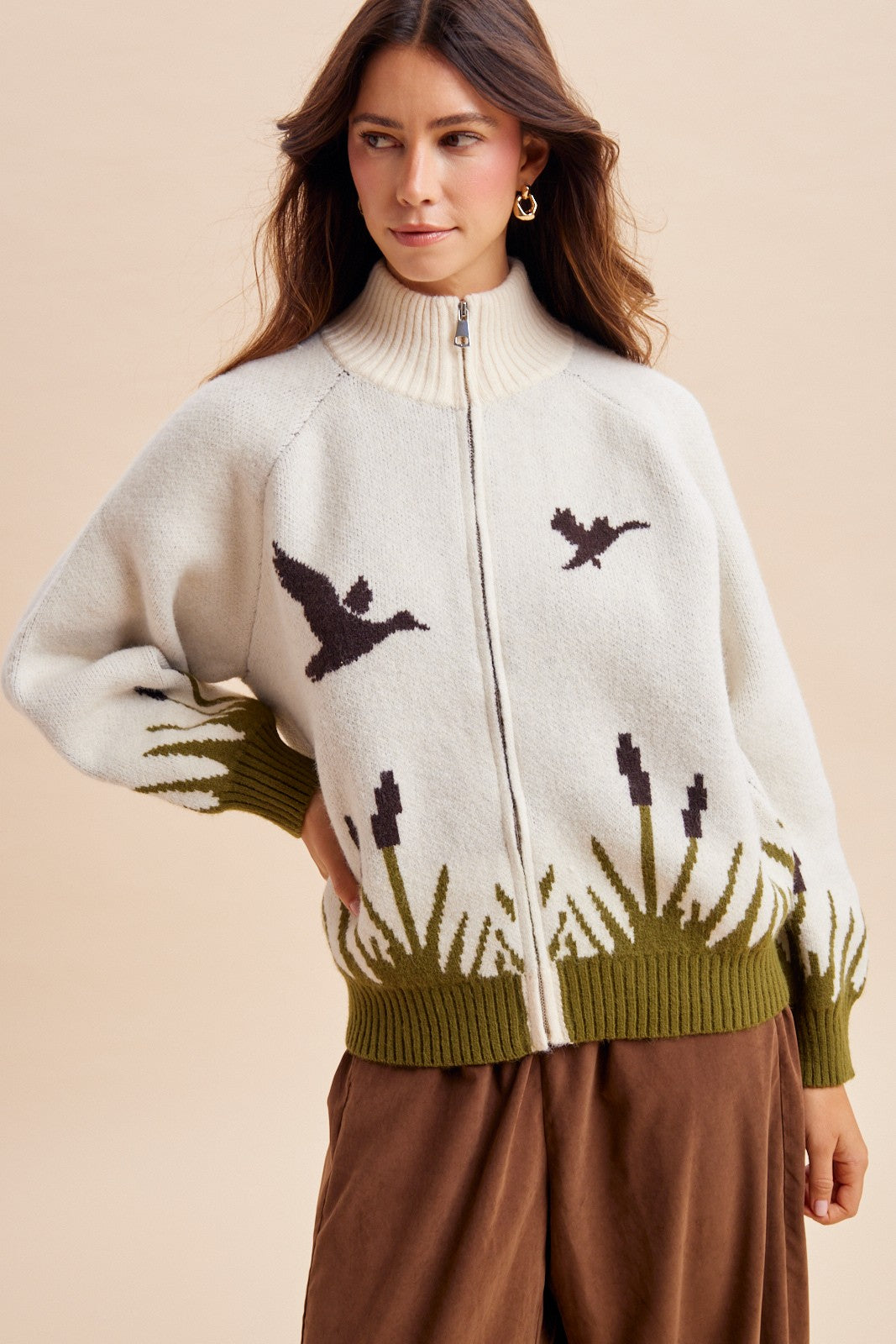 Wetland Scene Mallard Zip Sweater in Cream - product photo 1