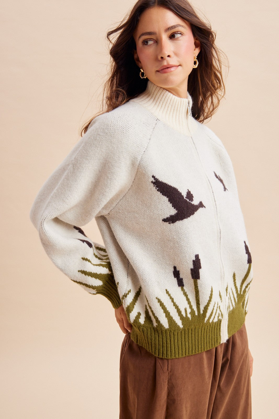 Wetland Scene Mallard Zip Sweater in Cream - product photo 3