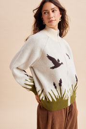 Wetland Scene Mallard Zip Sweater in Cream - product photo 3