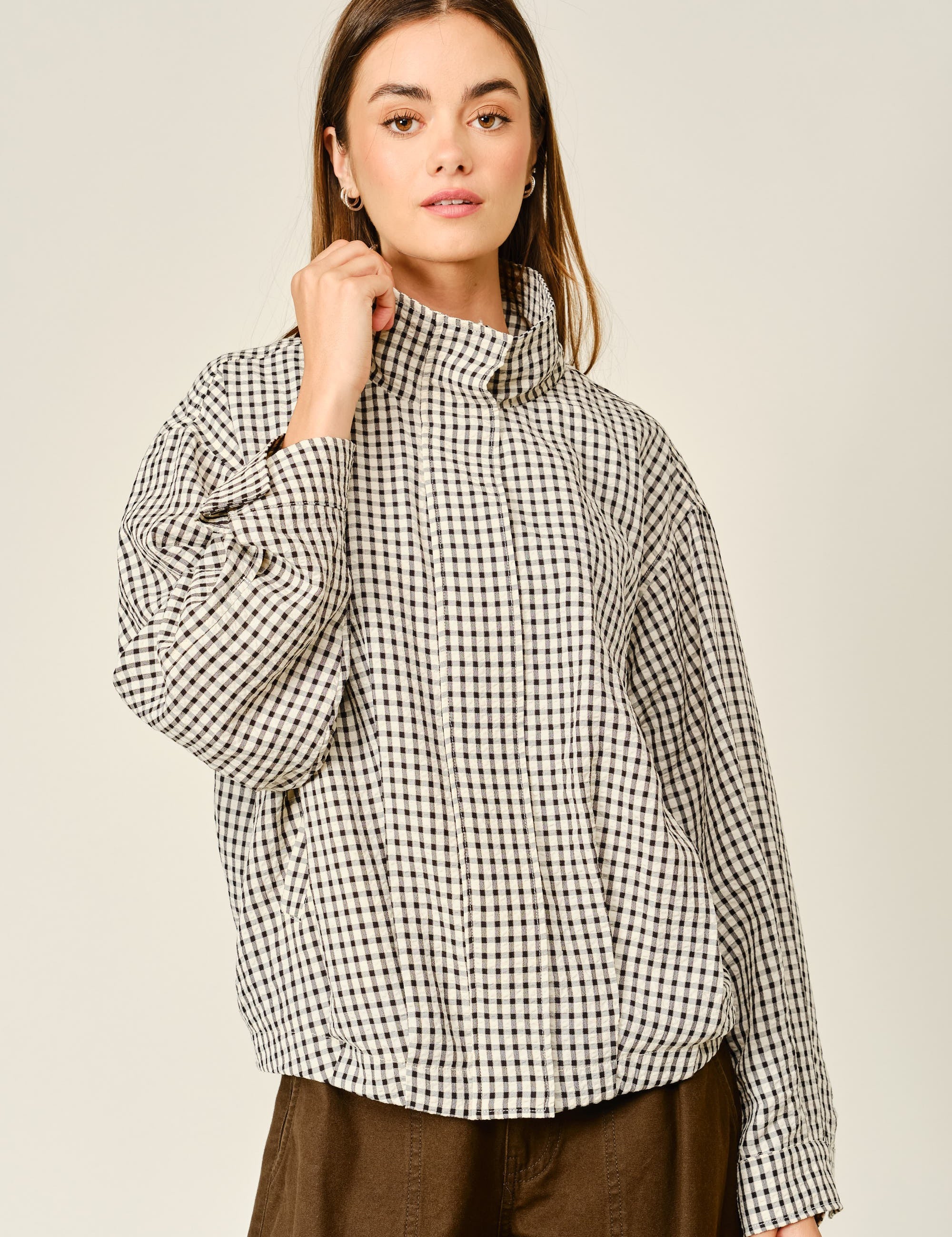 Whitcombe Plaid Funnel Neck Jacket - Ecru Black