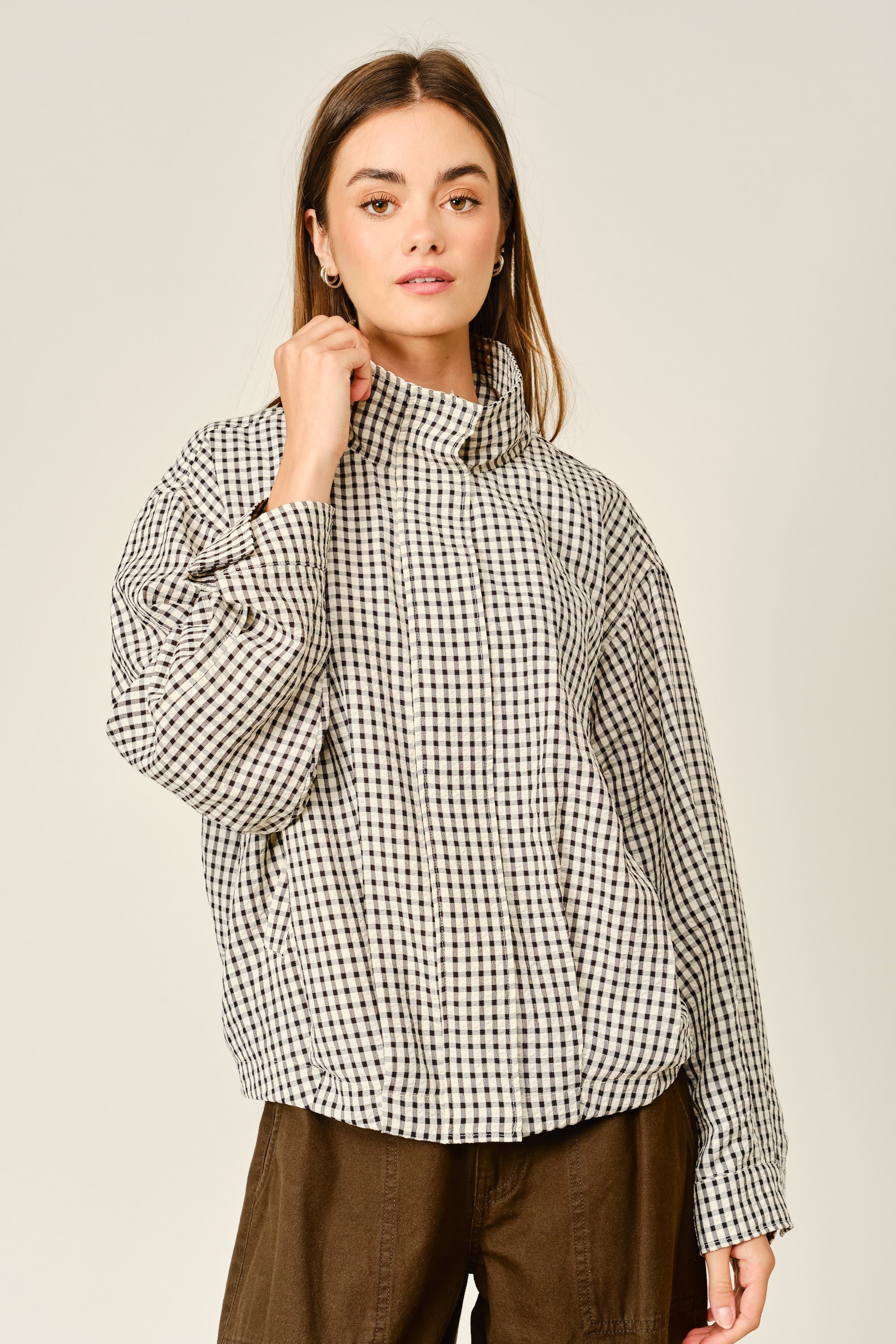 Whitcombe Plaid Funnel Neck Jacket - Ecru Black