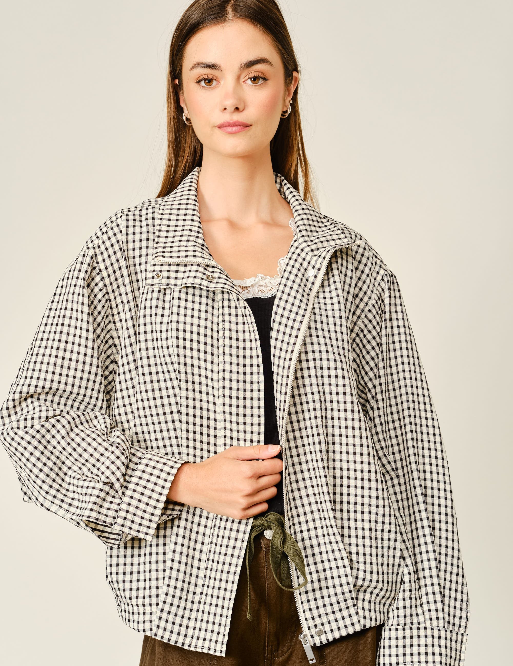 Whitcombe Plaid Funnel Neck Jacket - Ecru Black