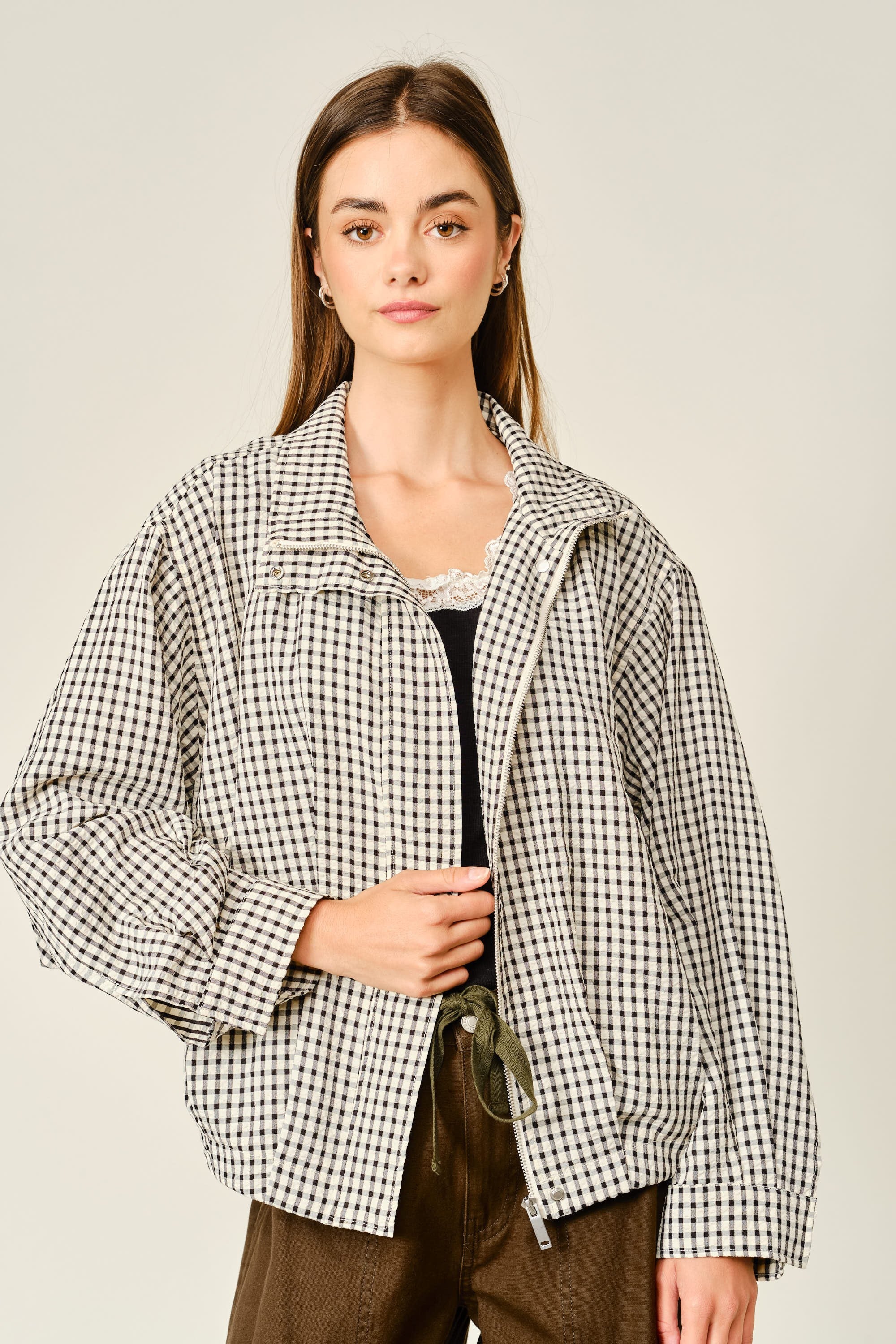 Whitcombe Plaid Funnel Neck Jacket - Ecru Black