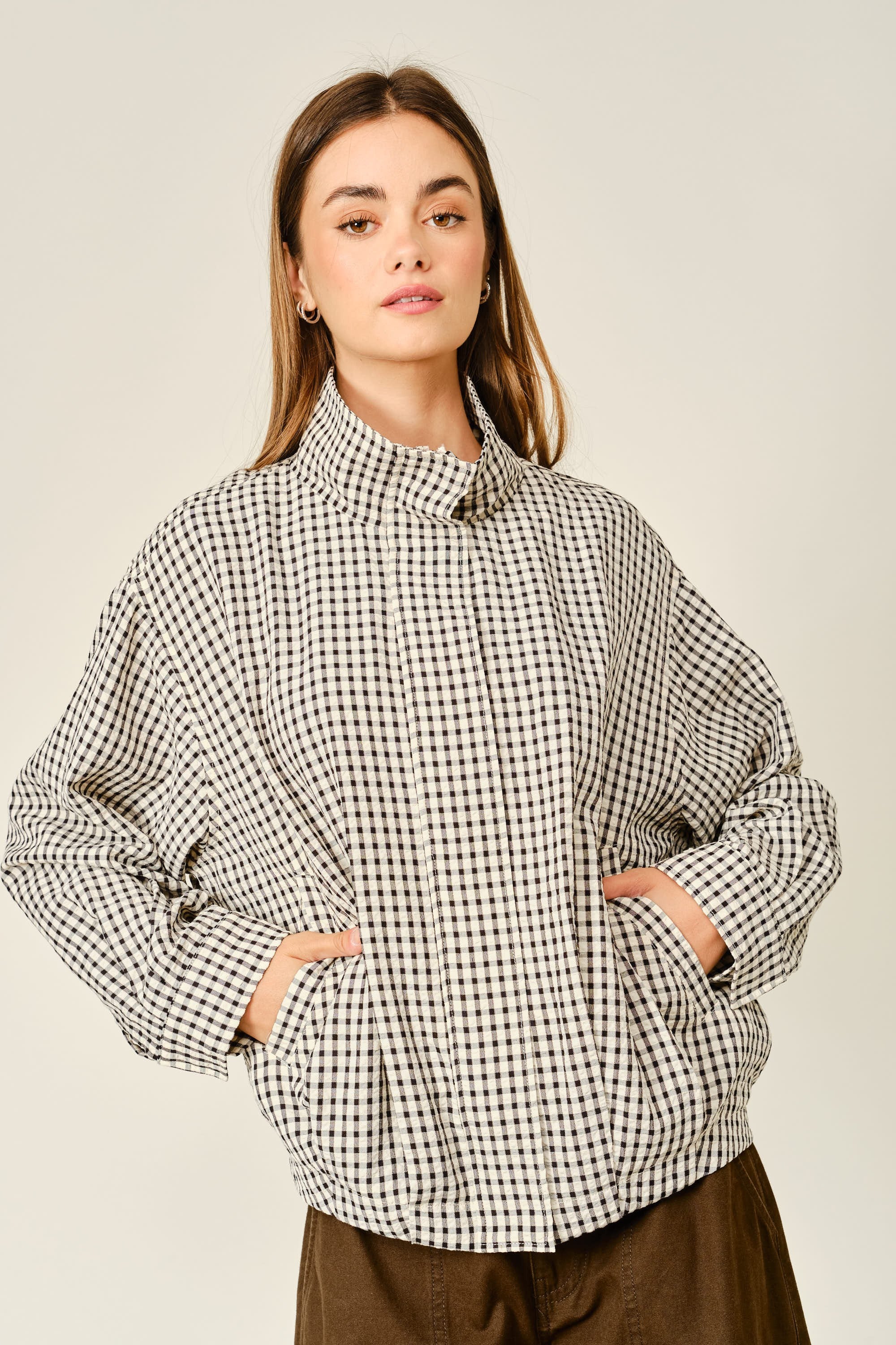 Whitcombe Plaid Funnel Neck Jacket - Ecru Black