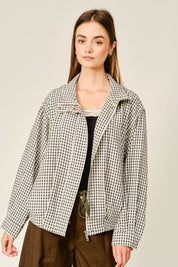 Whitcombe Plaid Funnel Neck Jacket - Ecru Black