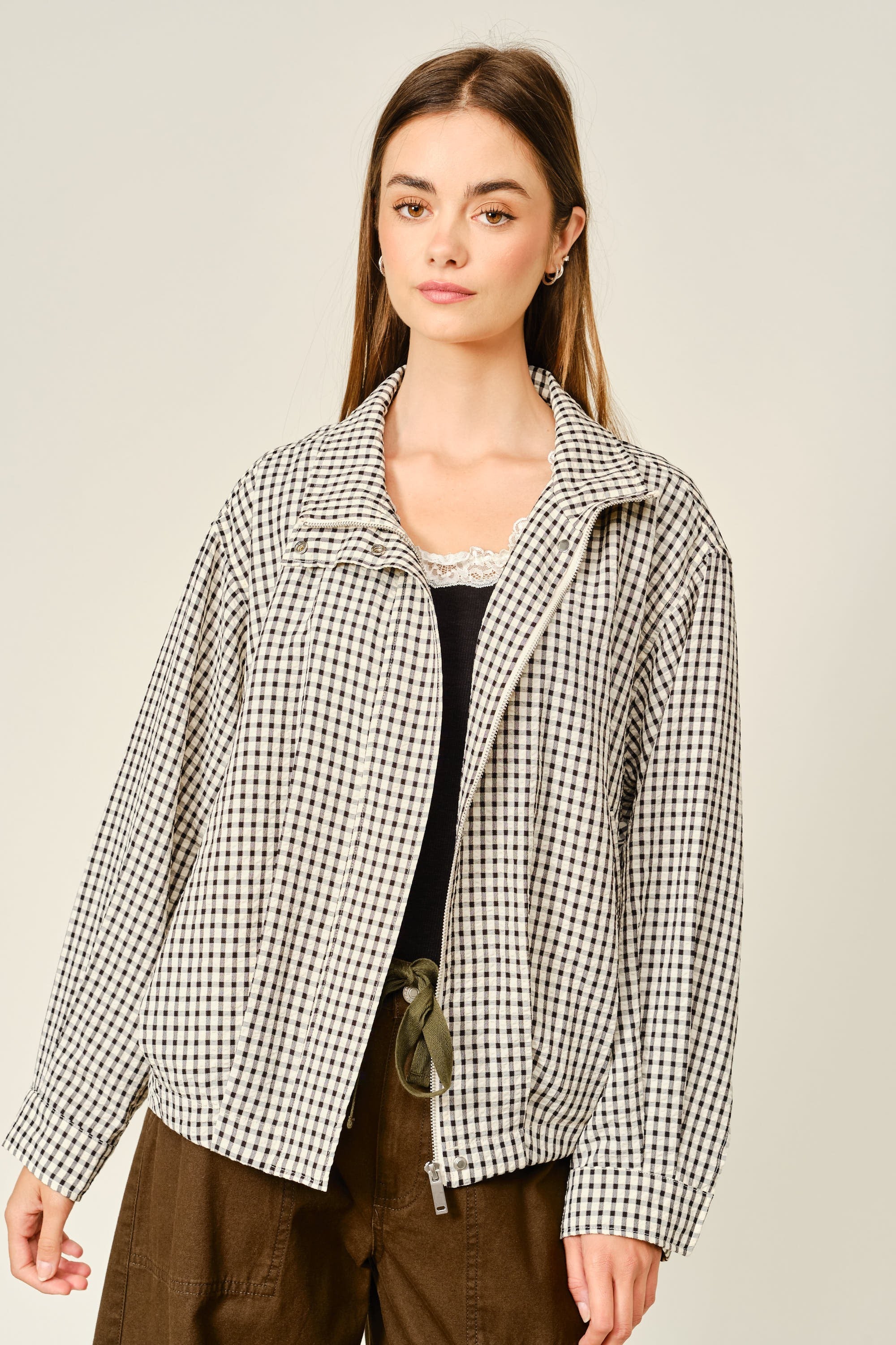 Whitcombe Plaid Funnel Neck Jacket - Ecru Black