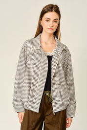 Whitcombe Plaid Funnel Neck Jacket - Ecru Black