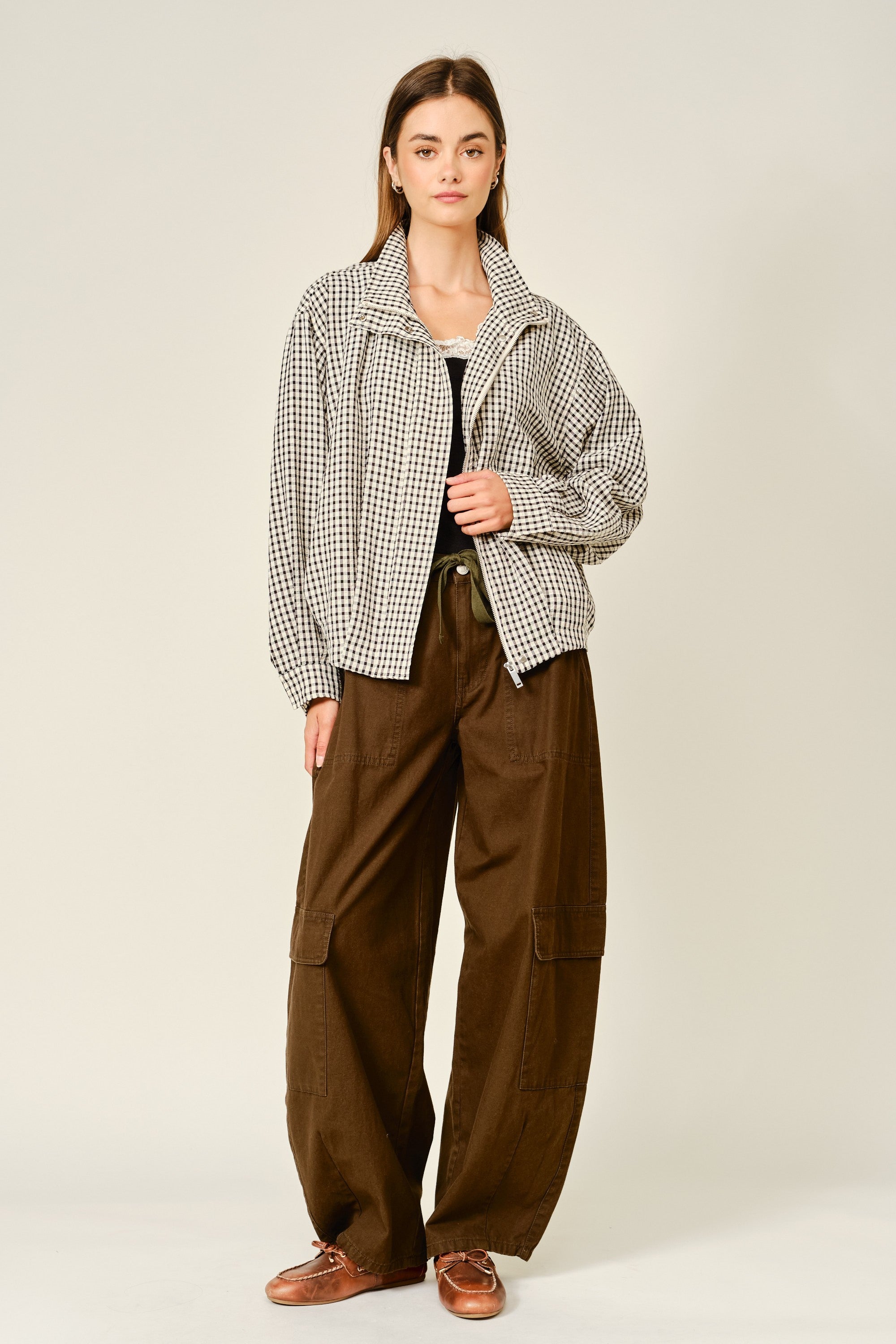 Whitcombe Plaid Funnel Neck Jacket - Ecru Black