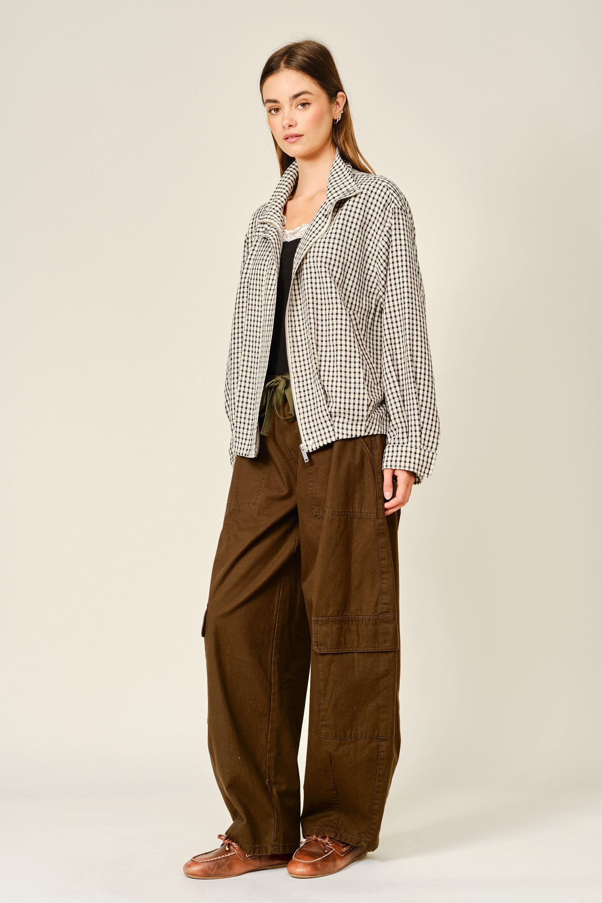 Whitcombe Plaid Funnel Neck Jacket - Ecru Black