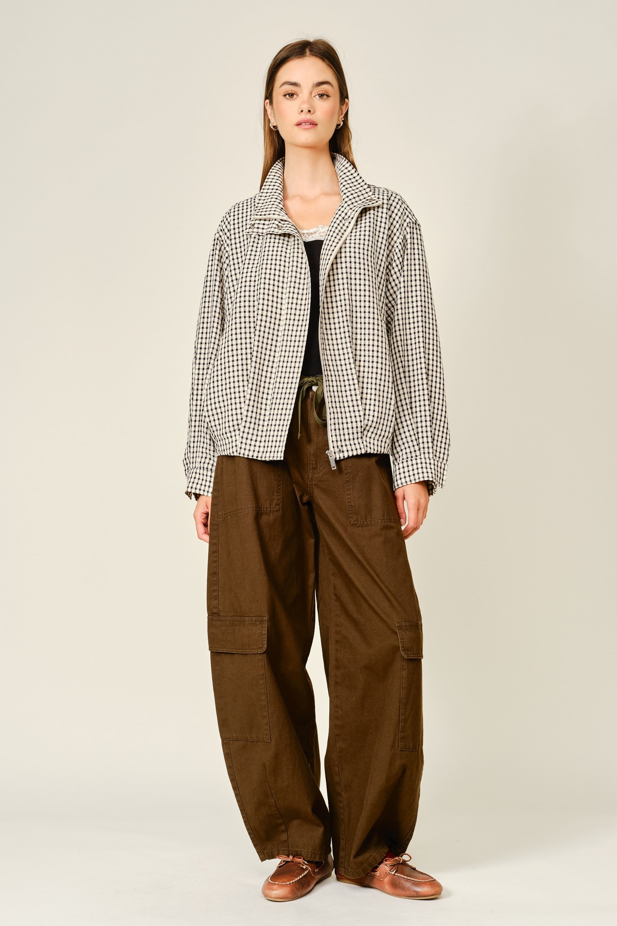 Whitcombe Plaid Funnel Neck Jacket - Ecru Black