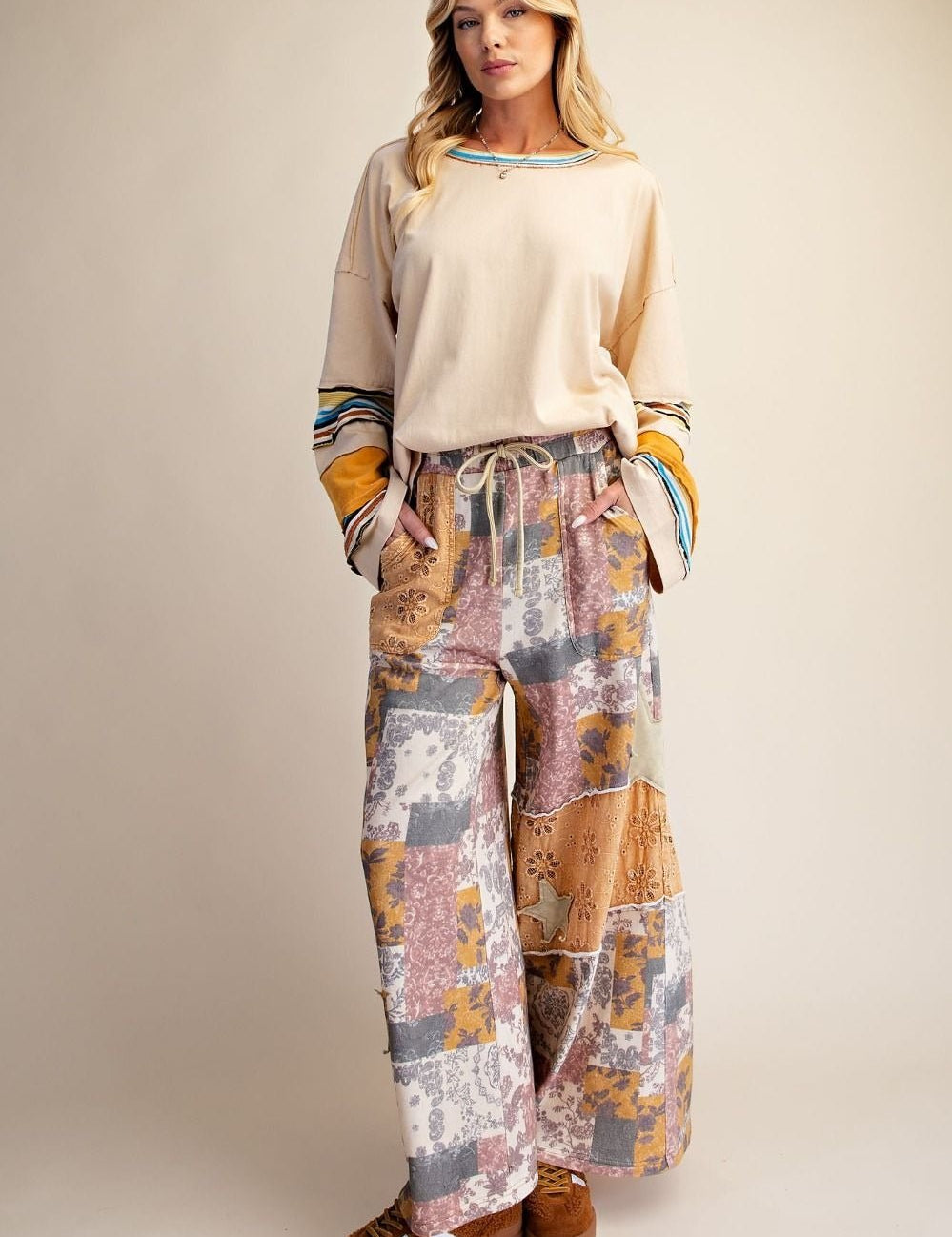 Wild Child Leopard-Floral Washed Terry Knit Pants - Westly