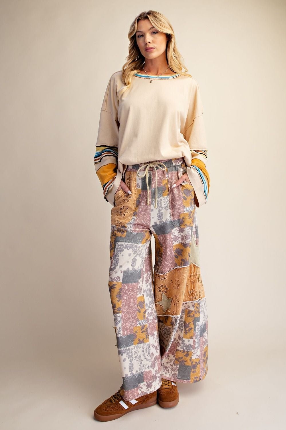 Wild Child Leopard-Floral Washed Terry Knit Pants - Westly