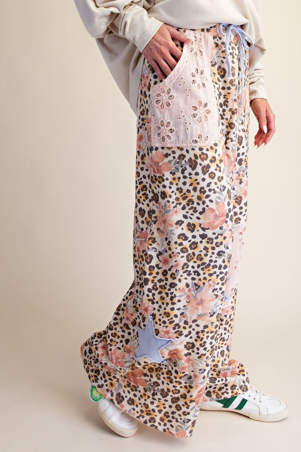 Wild Child Leopard-Floral Washed Terry Knit Pants - Westly