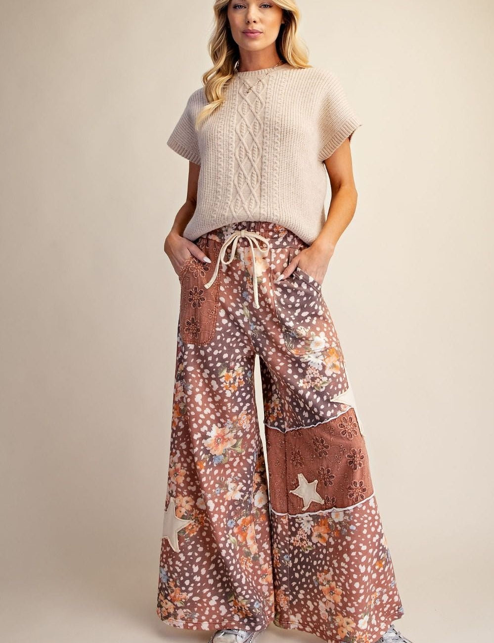 Wild Child Leopard-Floral Washed Terry Knit Pants - Westly