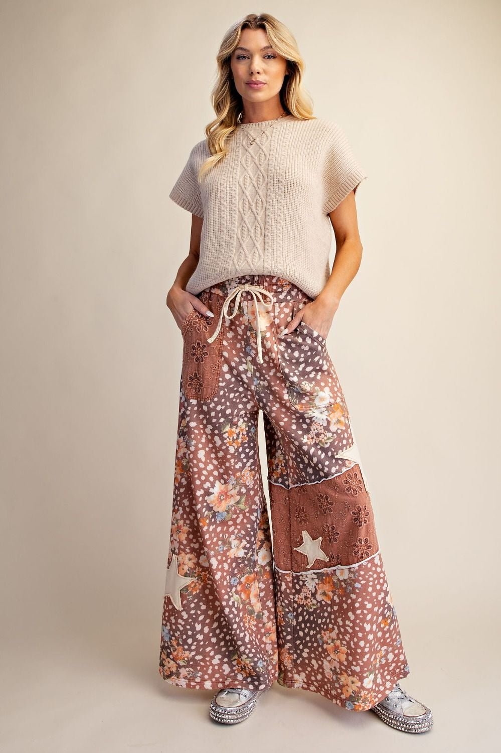 Wild Child Leopard-Floral Washed Terry Knit Pants - Westly