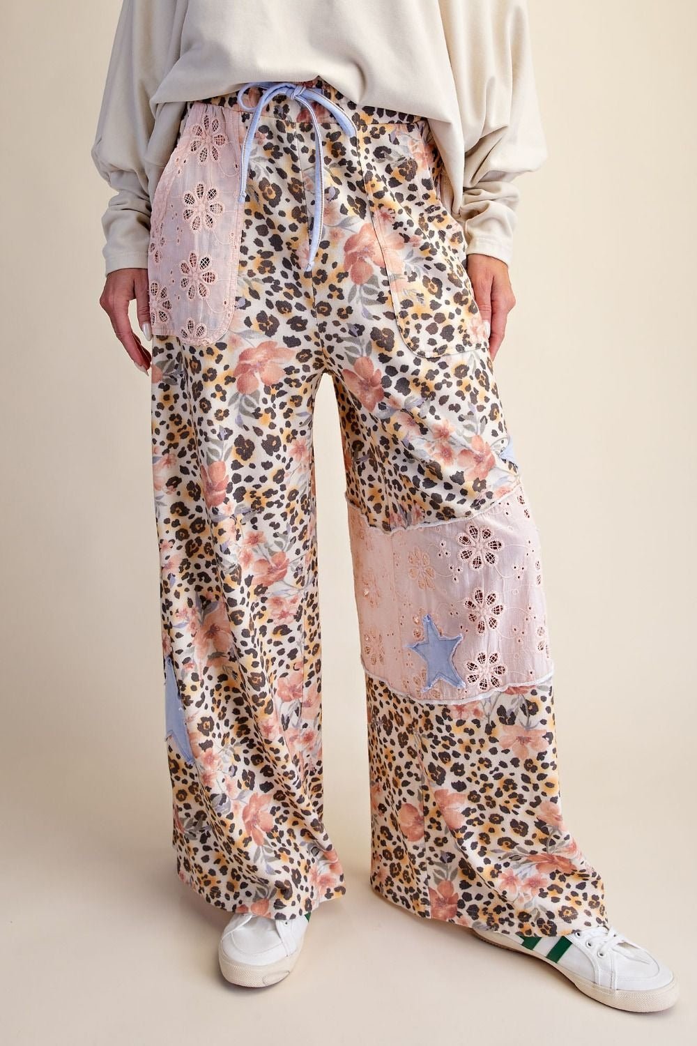 Wild Child Leopard-Floral Washed Terry Knit Pants - Westly