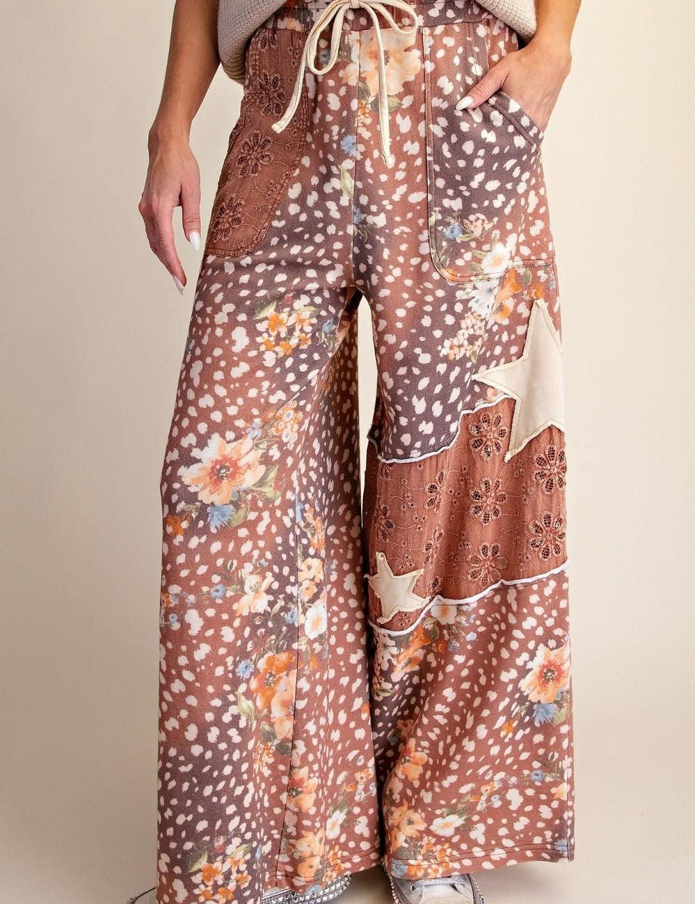 Wild Child Leopard-Floral Washed Terry Knit Pants - Westly