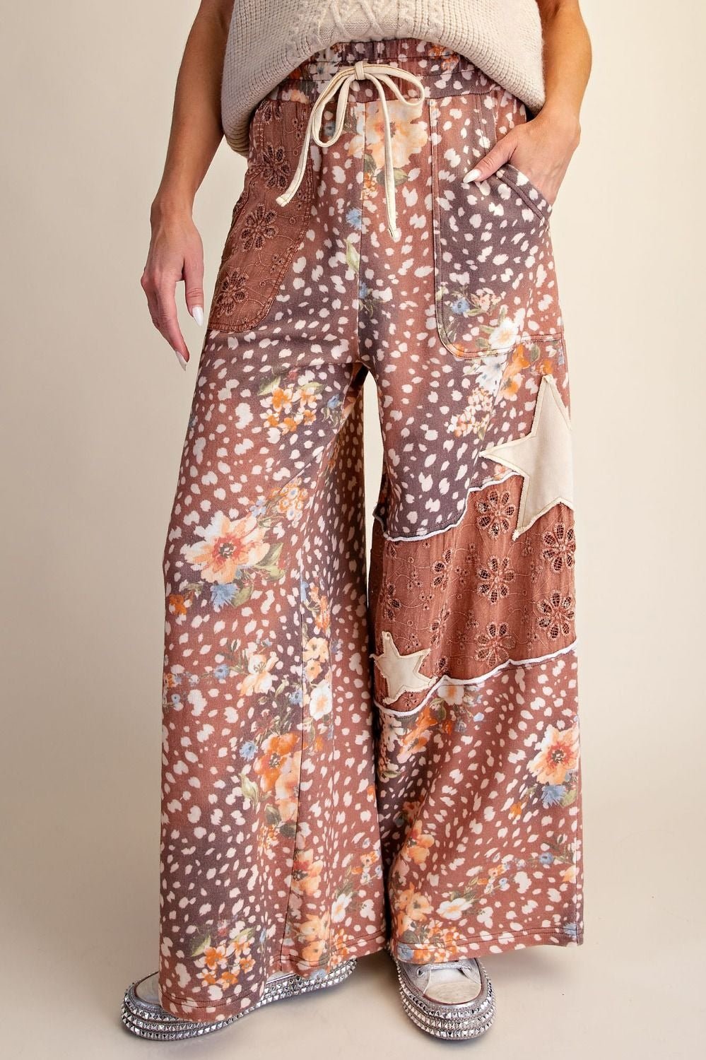 Wild Child Leopard-Floral Washed Terry Knit Pants - Westly