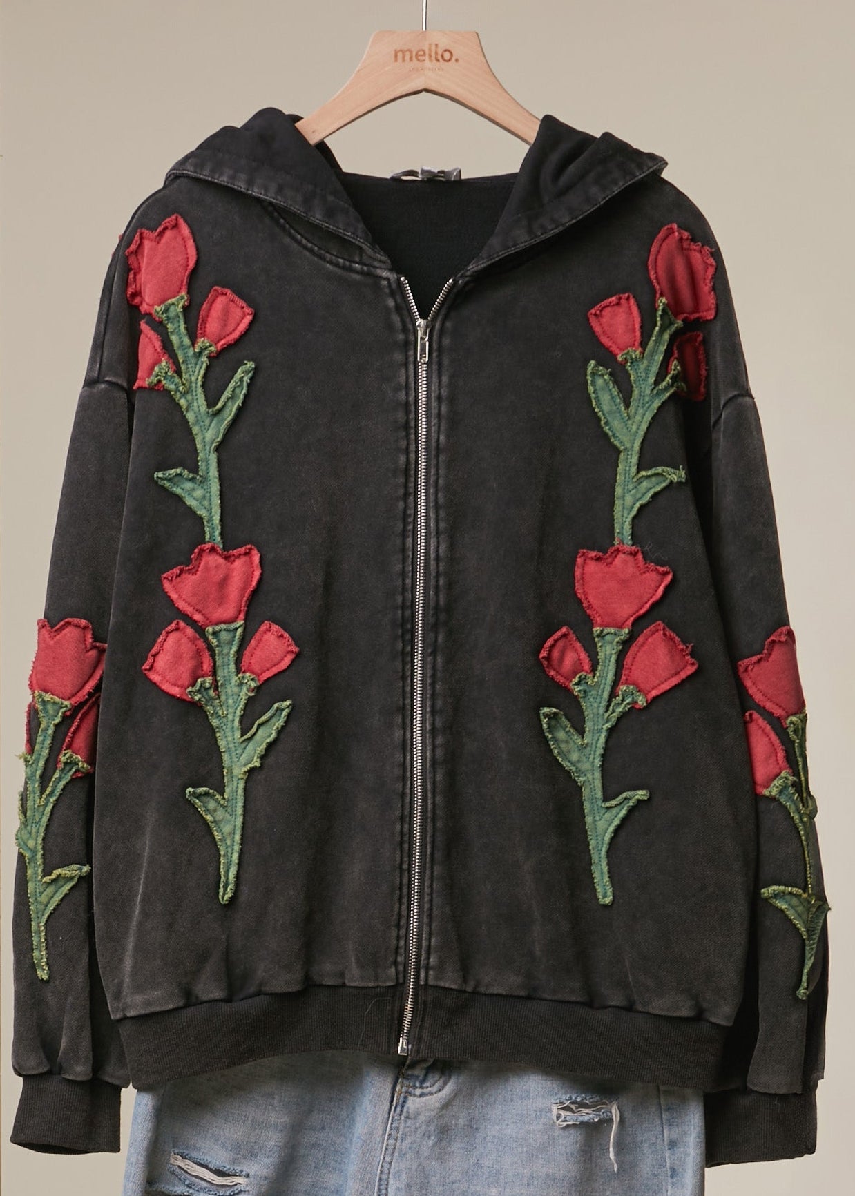 Wild Rose Floral Embroidered Zip-Up Hoodie - Westly
