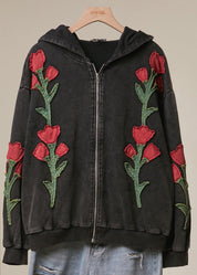 Wild Rose Floral Embroidered Zip-Up Hoodie - Westly