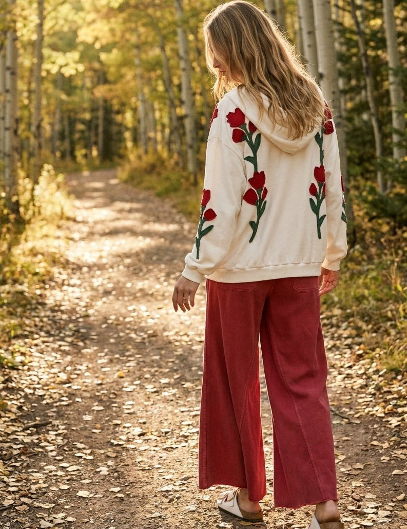 Wild Rose Floral Embroidered Zip-Up Hoodie - Westly