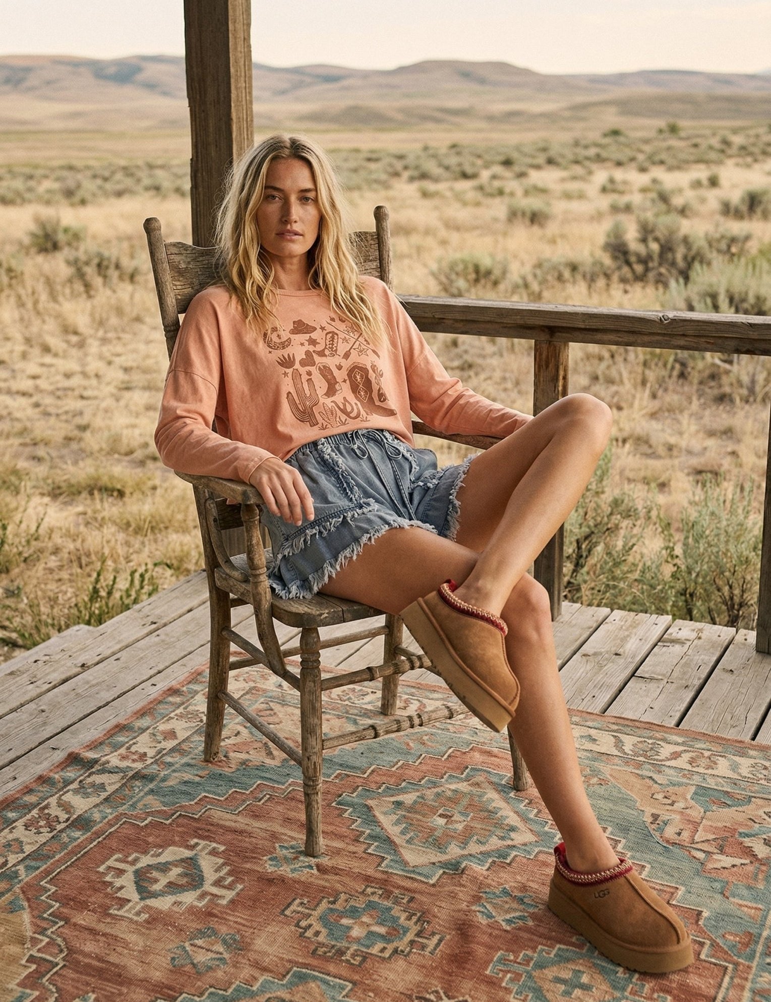 Wild West Motifs Cropped Long Sleeve Graphic - Westly