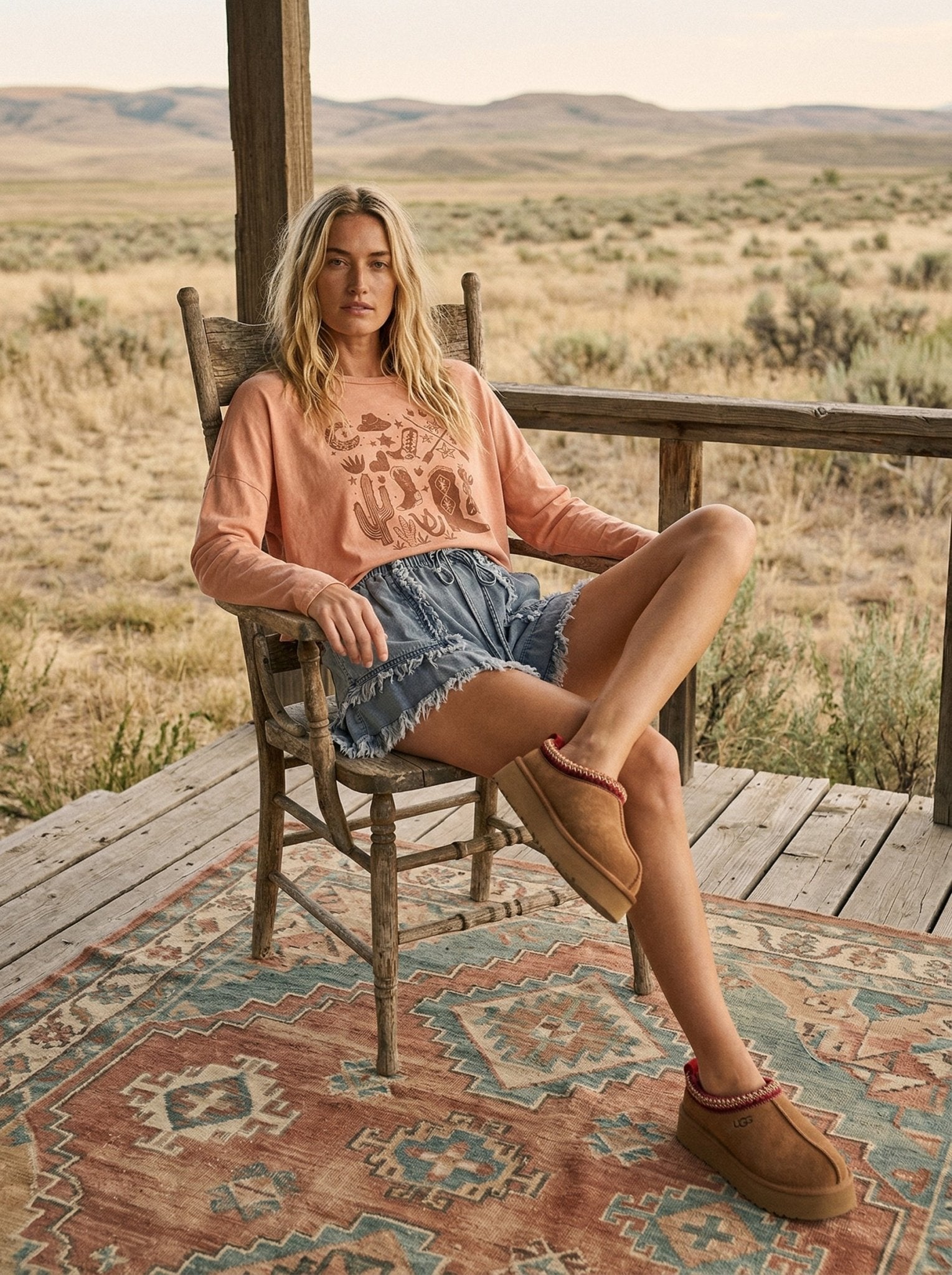 Wild West Motifs Cropped Long Sleeve Graphic - Westly