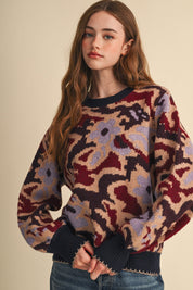 Wildbloom Abstract Floral Sweater - Navy Brick